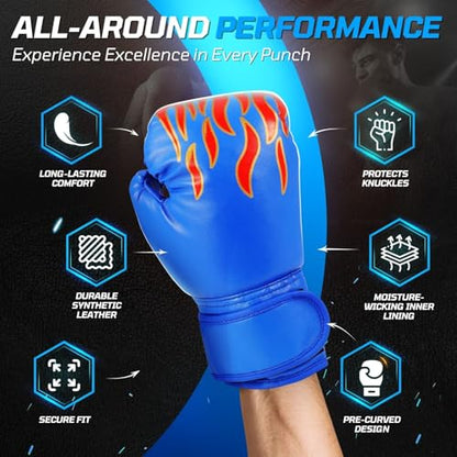 Flexzion Boxing Gloves for Kids 4oz – Training Punching Bag Mitts, Kid Boxing Gloves with Faux Leather & Wrap-Around Wrist Protection for Boys & Girls Ages 3-8 Years - color: Blue Blaze