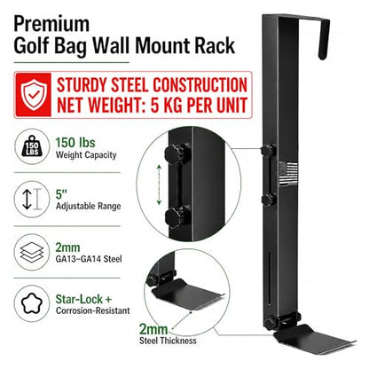 Golf Bag Wall Mount for Garage, Heavy Duty Wall Mounted Golf Bag Storage Rack Organizer Holder, 150 LBS Capacity, Fits 38-43 Inch,Space Saving Golf Club Hanger for Basement, Shed, Includes Drill Bits