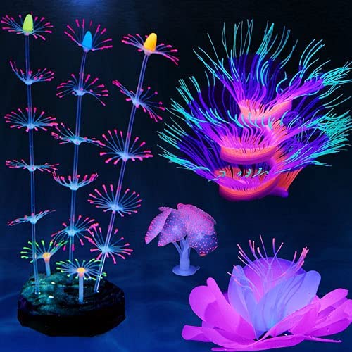 4 Pack Silicone Glowing Fish Tank Decorations Plants,Aquarium Fish Tank Glow Ornaments,Artificial Sea Anemone Coral Decor with Glowing Effect for Glow Fish Aquarium