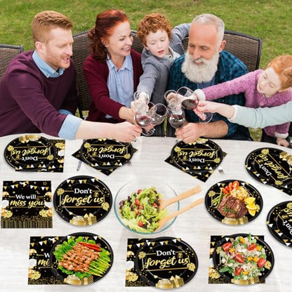 48Pcs We Will Miss You Paper Plates and Napkins Farewell Party Decorations Goodbye Party Supplies Black and Gold Going Away Disposable Tableware Set for Leaving Retirement Graduation Serve 24 - style: We Will Miss You