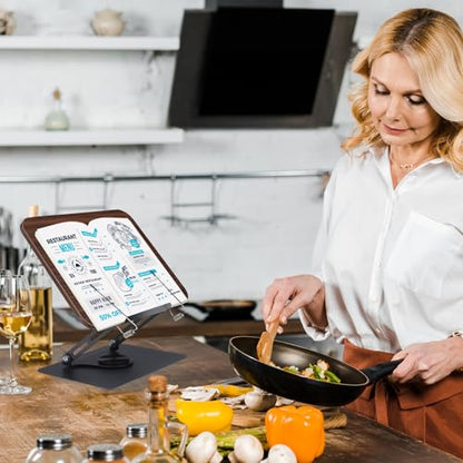 comfoyar Book Stand for Reading, Foldable Textbook Reading Stand with 360° Swivel Base and Elastic Page Clips, Adjustable Desk Cookbook Holder for Recipe Tablet Laptop Music Scores, Hands Free