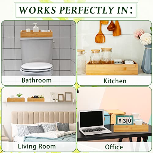 2 Pcs Bamboo Toilet Tank Tray Bathroom Trays with Handles - Wood Toilet Paper Basket and Organizer with 10 Pcs Non Slip Silicone Pads