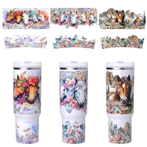 6 PCS Horse UV DTF Stickers, UV DTF Cup Wrap for 40oz | Vibrant washable UV DTF cup wrap transfers with strong adhesion for glass cups, mugs and smooth hard surfaces - style: Horse