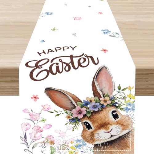 Happy Easter Table Runner, Boho Floral Bunny Rabbit Butterflies Pink Blue Spring Easter Table Decor for Family Kitchen Farmhouse Holiday Party Indoor Outdoor Decorations 13x36 inch - color: Easter-4, size: 13x36" Table Runner