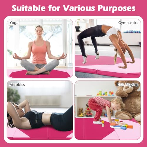 Goplus Folding Gymnastics Mat, 10’ x 4’ x 2’’ Thick Tumbling Mats with PU Leather, Hook & Loop Fasteners, Portable Handles, 4-Panel Exercise Mat for Home Gym Workouts, Yoga - color: Pink+Rose