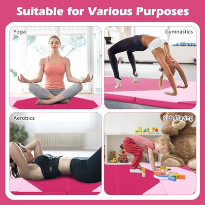 Goplus Folding Gymnastics Mat, 10’ x 4’ x 2’’ Thick Tumbling Mats with PU Leather, Hook & Loop Fasteners, Portable Handles, 4-Panel Exercise Mat for Home Gym Workouts, Yoga - color: Pink+Rose