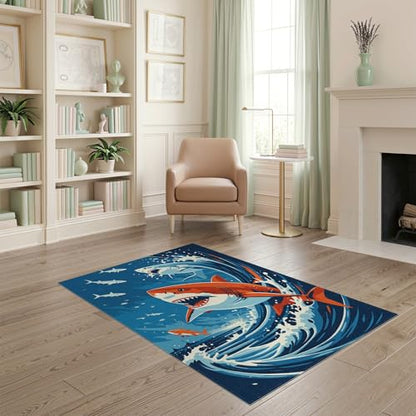 4'x6' Washable Graphic Wave Accent Rug, Navy Blue Non-Shedding Small Carpet Pet Friendly & Non-Slip for Playroom, Bedroom, Reading Nook | Ref:2070038 - color: Blue/Pattern 15, size: 4' x 6' (Rectangular)