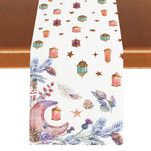 Ramadan Eid Mubarak Table Runner, Rustic Ramadan Kareen Mosque Lantern Islamic Moon Floral Golden Star Seasonal Kitchen Dining Table Scarf for Kitchen Living Room Home Party Decor 13"x36" - color: Ramadan07, size: 13x36" Table Runner