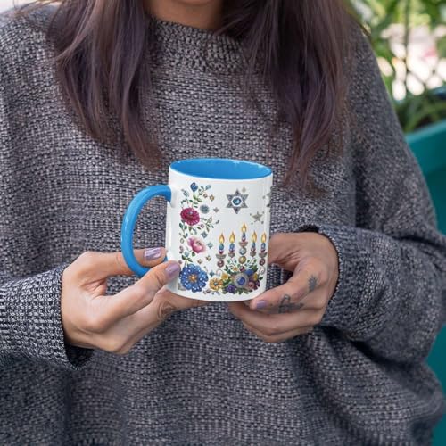 Personalized Hanukkah Coffee Mug 11oz 15oz, Custom Name White Cup, Sparkling Menorah Candles And Star Of David Full Wrap Mug, Customized Festive Ceramic Cup, Gift For Family Members - color: XUA-1124-3655-Hanukkah Mug