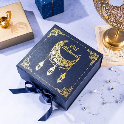 WRAPAHOLIC Eid Mubarak Gift Box with Satin Ribbon, 8x8x4 Inches Blue Collapsible Gift Box with Magnetic Closure for Eid Party, Ramadan, Gift Wrap, Storage