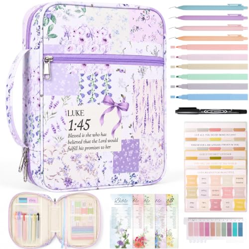 XKDOUS Bible Cover Case for Women Bible Bag Journaling Kit w/Study Supplies - color: Canvas Purple Patchwork, size: Large