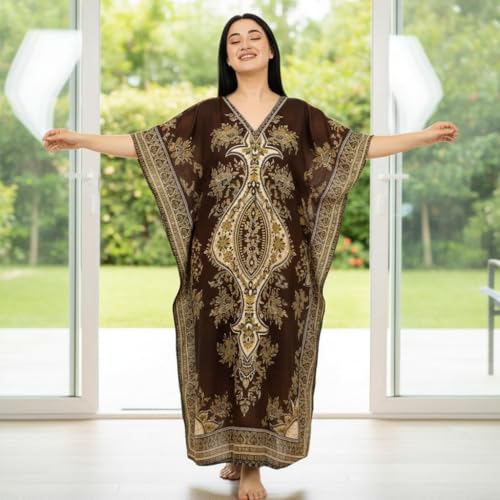 Women's Kaftan Dress – Loose Fit Maxi Gown – Kimono Style Beach Cover Up – Elegant Resort Wear and Nightwear - color: Brown