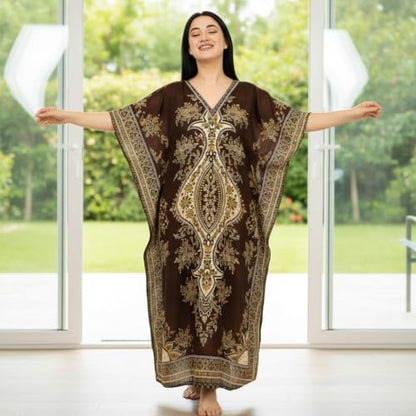 Women's Kaftan Dress – Loose Fit Maxi Gown – Kimono Style Beach Cover Up – Elegant Resort Wear and Nightwear - color: Brown