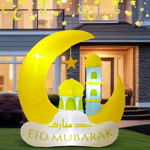RoundFunny Ramadan Inflatable Outdoor Decorations Muslim Yard Decor with LED Lights Eid Mubarak Inflatables Islamic Blow Moon Castle for Celebrate Fasting Introspection Prayer