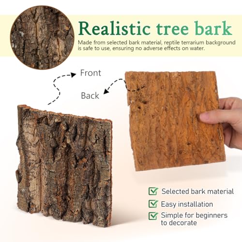 Toyvian Natural Cork Bark Terrarium Background, 4 Pack 6x6inch Reptile Enclosure Decor Panels Climbing Habitat Accent for Gecko Lizard Frog