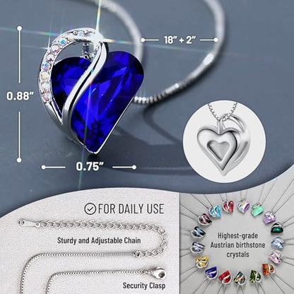 Leafael Gift Necklaces for Women, Infinity Love Birthstone Heart Crystal Pendant, Birthday Anniversary Jewelry for Wife, Mom, and Her, Silver Plated, 18" + 2" Adjustable Chain - color: 09b-September-Sapphire Blue