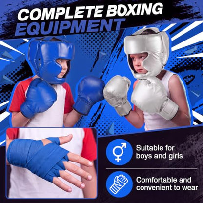 Kanayu 12 Pcs Kids Boxing Equipment Set for Beginners Ages 6-18 Years Including Boxing Helmet and Gloves Hand Wraps Sport Mouthguards Taekwondo Sparring Gear for Kids and Children - color: Blue, White