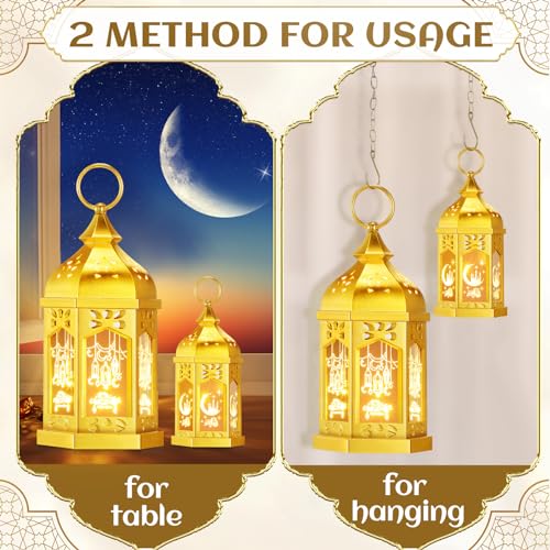 Threan 2 Pcs Ramadan Lantern Lights, 6.9" & 11" Golden LED Ramadan Eid Decorations with Star and Moon Pattern, Hanging Lights for Muslim Home, Patio, Table, Wedding Centerpieces Islamic Festival Decor