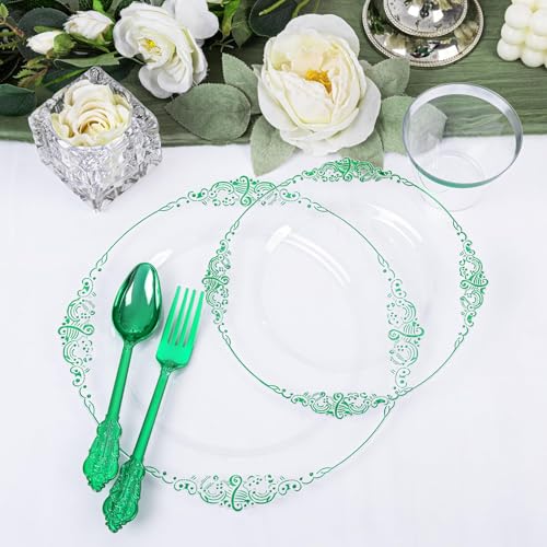 Hioasis 175pcs Clear and Green Plates - Green Party Plates for 25 Guest, Include 50 Heavy-duty Plates(20% Thicker Than Standard), 25 Pre Rolled Gold Plastic Silverware Set, 25 Cups - color: Clear and Green