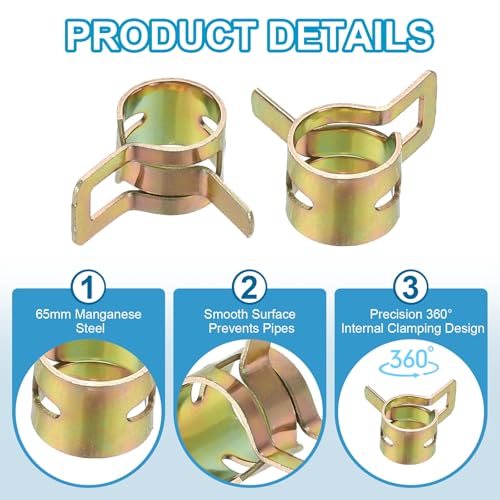 PATIKIL Spring Band Hose Pipe Clamps for 9-10.2 mm OD Hose, 50 Pack Silicone Vacuum Constant Tension Band Clips for Fuel Line Silicone Air Hose Tube Water Pipe, Gold - size: 9-10.2 mm