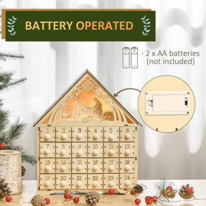 HOMCOM Christmas Advent Calendar, Light Up Manger Scene Tabletop Xmas Wooden House Holiday Decoration with Countdown Drawer, Bible Characters, for kids Adults