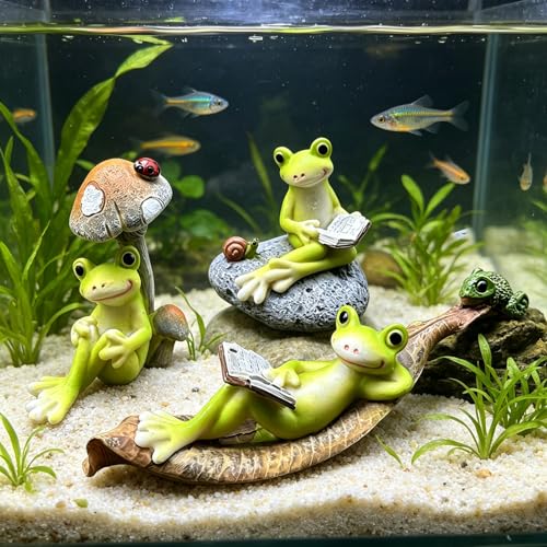 Resin Frog Ornaments for Fish Tanks and Home Decor,Enchanting Whimsical Frogs Reading Trio