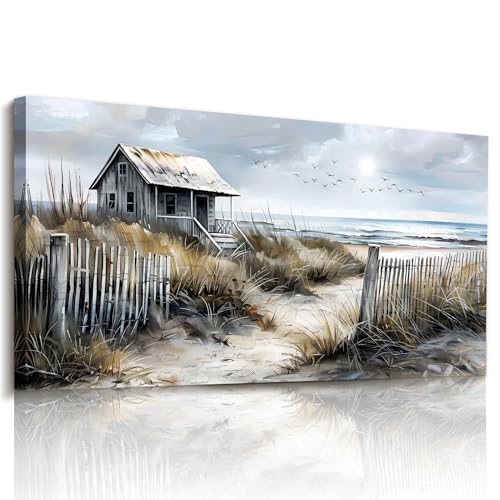 imjiayu Oversized Beach Cabin Wall Art, Retro Landscape Canvas 29"x57" - color: Nostalgic Seaside Cottage, size: 57"L x 29"W