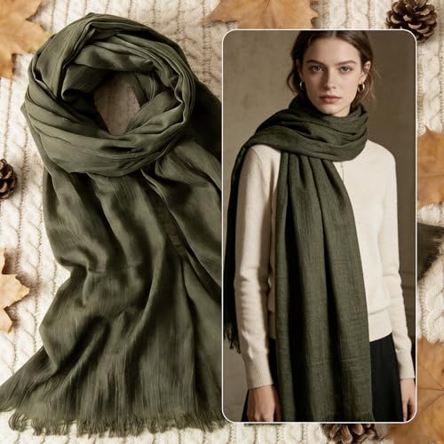 Extra Large Cotton Linen Shawl Wrap for Women, Elegant Scarf with UV Protection Breathable Lightweight Head Cover Hijab - color: Army Green