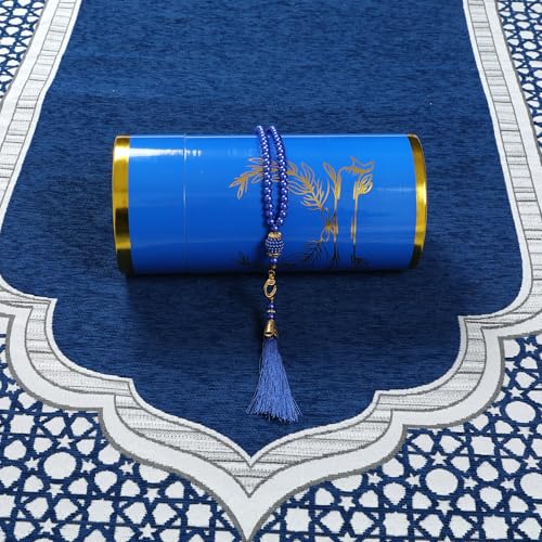 Muslim Prayer Rug Islamic Mat with Prayer Beads - Soft Chenille Janamaz Sajada Carpet Mat for Men Women - Ramadan Travel Eid Gifts (Blue with Box) - color: Blue
