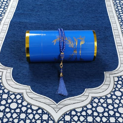 Muslim Prayer Rug Islamic Mat with Prayer Beads - Soft Chenille Janamaz Sajada Carpet Mat for Men Women - Ramadan Travel Eid Gifts (Blue with Box) - color: Blue