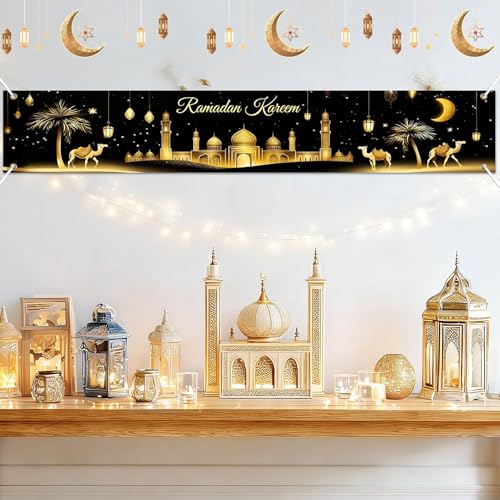 BlissYard Ramadan Kareem Banner 118×19.68 inch Islamic Holiday Decoration Backdrop for Home Outdoor Fence Wall Porch Mosque Event Setup Evening Gathering and Cultural Photo Display