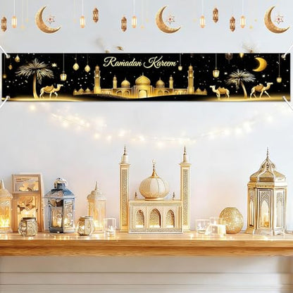 BlissYard Ramadan Kareem Banner 118×19.68 inch Islamic Holiday Decoration Backdrop for Home Outdoor Fence Wall Porch Mosque Event Setup Evening Gathering and Cultural Photo Display