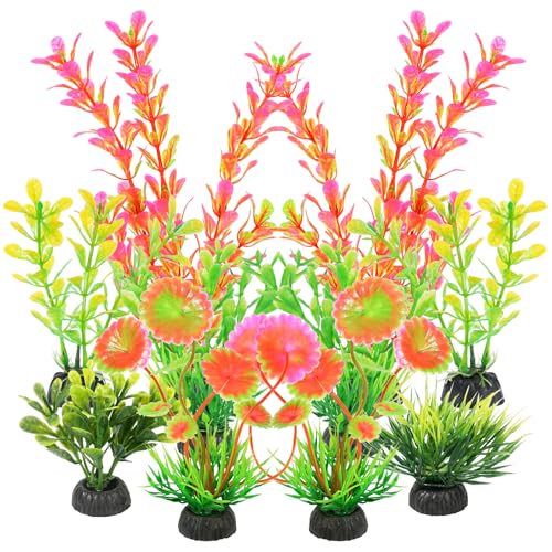 AQUANEAT Artificial Fish Tank Plants, Plastic Aquarium Decorations, Pink Accessories, 10pcs - color: Pink