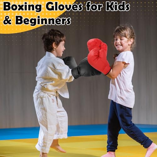 Boxing Gloves, 2 Pairs Boxing Gloves for Beginners and Children, Training & Sparring Kick Boxing Glove Training Glove Set Punching Bag Mitts, Black+Red