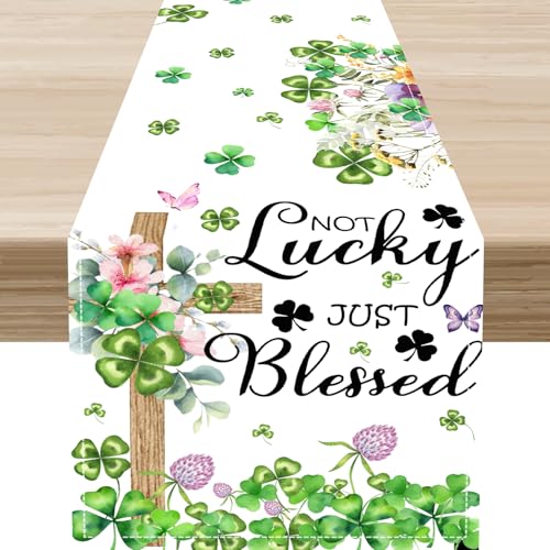 Green Clover Table Runner, Watercolor Green Shamrocks Seasonal Spring Table Decor for Home Kitchen Dining Patio Holiday Party Indoor Outdoor Decorations 13x36 inch - color: Clover-7, size: 13x36" Table Runner