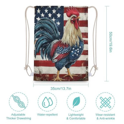Rooster And American Flag Drawstring Backpack Canvas String Bag Lightweight Sports Gym Bag for Men Women - color: Color-2