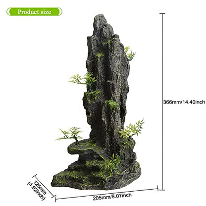Saim Fish Tank Decorations, 14.4'' Tall Mountain View Stone Aquarium Ornament, Artificial Mountain Hill View Stone Rock Cave Fish Hiding Cave for Betta Amano Shrimp Cichlid to Play,Hide and Rest - A