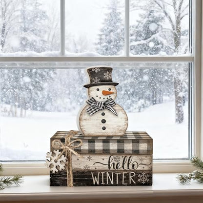 4 Pcs Winter Snowman Decor Hello Winter Table Decorations Christmas Tiered Tray Decor Centerpiece Indoor Rustic Wooden Snowman Block Sign Gift Farmhouse for Home Kitchen Shelf - style: Snowman