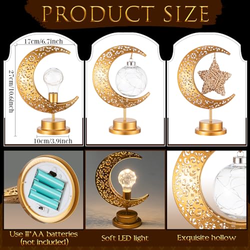 Tujoe 3 Pcs Ramadan Decorations for Home Rustic Moon Lamp Ramadan Star Moon Metal Lights Battery Operated LED Crescent Light Eid Decorations for Home Bedroom Table Ramadan Eid Mubarak Party Decor