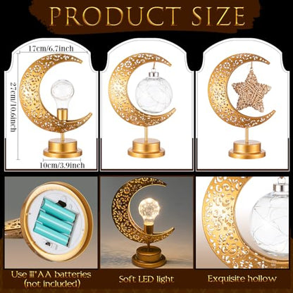 Tujoe 3 Pcs Ramadan Decorations for Home Rustic Moon Lamp Ramadan Star Moon Metal Lights Battery Operated LED Crescent Light Eid Decorations for Home Bedroom Table Ramadan Eid Mubarak Party Decor