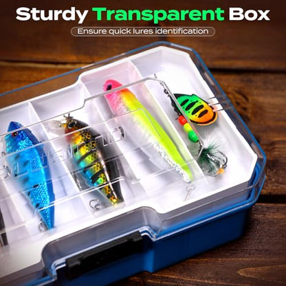 PLUSINNO Bass Fishing Lures Tackle Box Gear Kit with Tackle Included | Waterproof, Compact & Customizable, Bass Trout Fishing Gear Kit, Freshwater Topwater, 16 Rigs, Fishing Gifts for Men Starter - color: Blue 373 PCS Lures Box