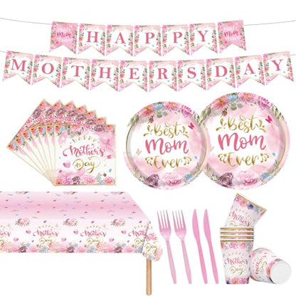 98PCS Happy Mother's Day Party Supplies Mothers Day Tableware Set Best Mom Ever Paper Plates Napkins Forks Knives Tablecloth Banner Mothers Day Party Decorations Disposable Dinnerware for 16 Guests - style: Happy Mother's Day