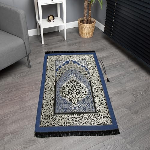 Modefa Islamic Gifts Prayer Mat | Thin Woven Praying Mat Muslim Prayer Rug | Muslim Gifts for Men Ramadan Gifts with Tesbih Prayer Beads | Ottoman Rug with Cylinder Gift Box Set (Blue) - color: Royal Blue