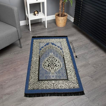 Modefa Islamic Gifts Prayer Mat | Thin Woven Praying Mat Muslim Prayer Rug | Muslim Gifts for Men Ramadan Gifts with Tesbih Prayer Beads | Ottoman Rug with Cylinder Gift Box Set (Blue) - color: Royal Blue