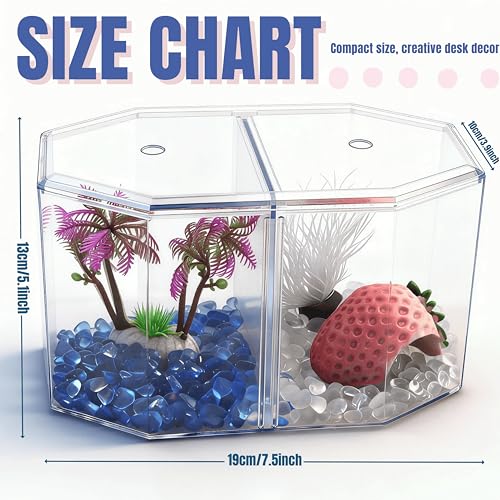 Small Fish Shrimp Tank - Mini Sea Monkeys Tank Tiny Aquarium Tank - Include Hideout Decoration & Fish Tank Gravel - 2/5 Gallon Fry Fish Bowl Divided Compartments Beta Fish Tanks for 2 Betas