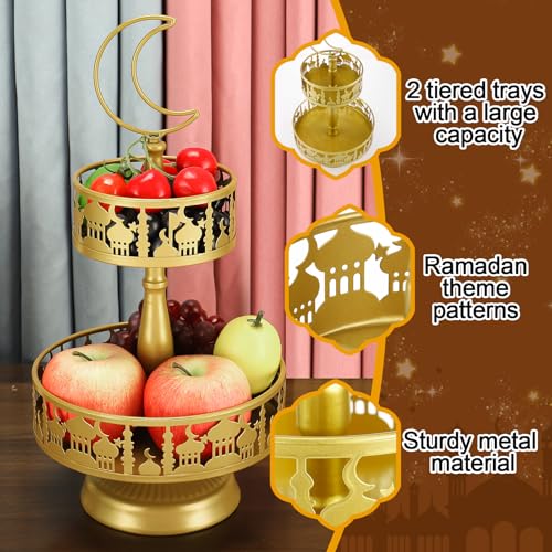Ramadan Serving Trays - 2 Tiered Metal Platters Eid Mubarak Islam Muslim Al-Fitr Iftar Party Food Serving Tray Ramadan Decoration for Home Breakfast Dinner Table Decor (Gold Castle)