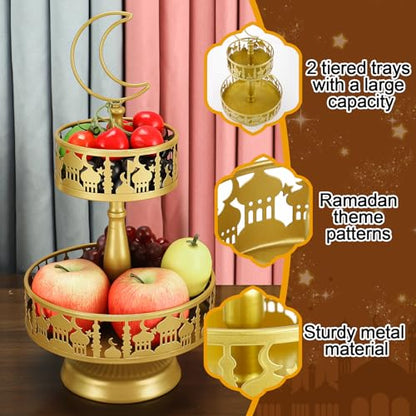 Ramadan Serving Trays - 2 Tiered Metal Platters Eid Mubarak Islam Muslim Al-Fitr Iftar Party Food Serving Tray Ramadan Decoration for Home Breakfast Dinner Table Decor (Gold Castle)