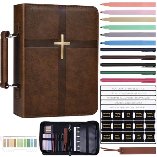XKDOUS Bible Cover for Men Leather Bible Bag Large Book Carrying Case Kit - color: Brown With Embossed Cross