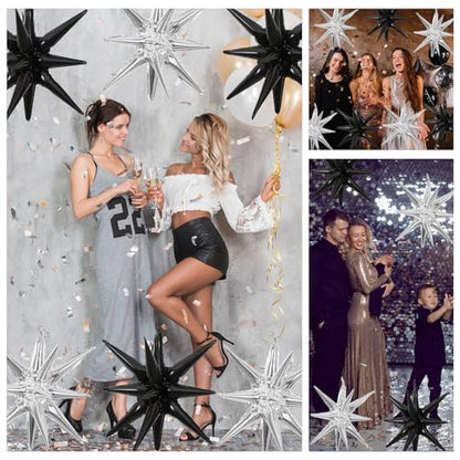 6 Pcs Silver Star Foil Balloons One-Piece 14-Pointed Star Balloon 4D Starburst Cone Mylar Balloon 22inch Christmas Birthday Wedding Wedding Anniversary Party Supplies (Black + Silver) - color: Black + Silver