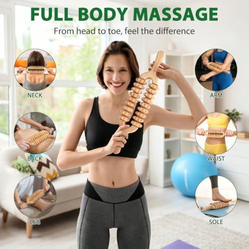 Liitrton 목재 테라피 마사지 도구, 이중 열 마사지 롤러 스틱, 림프 배수 마사지, 셀룰라이트 감소 및 근육 긴장을 위한 나무 롤러 (이중 9륜) | Smooth Body Roller, Wood Therapy Massage Tools for Trigger Points Relief, Sore Muscle Recovery - color: 더블 9륜